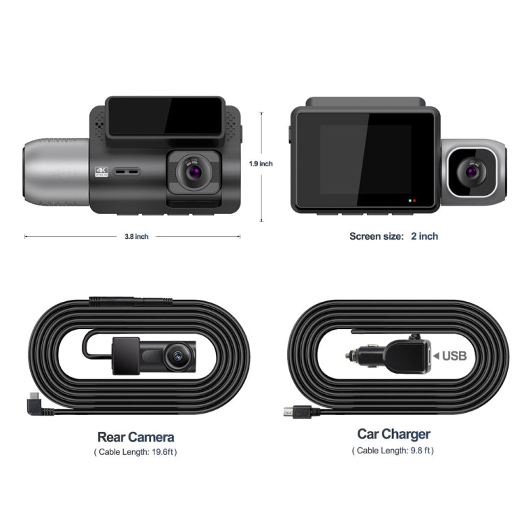 M700A 3 Channels Car Recorder 4K UHD Front+1080P Inside+2K Rear+GPS+WIFI Dash Cam - Black