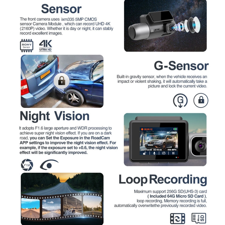 M700A 3 Channels Car Recorder 4K UHD Front+1080P Inside+2K Rear+GPS+WIFI Dash Cam - Black