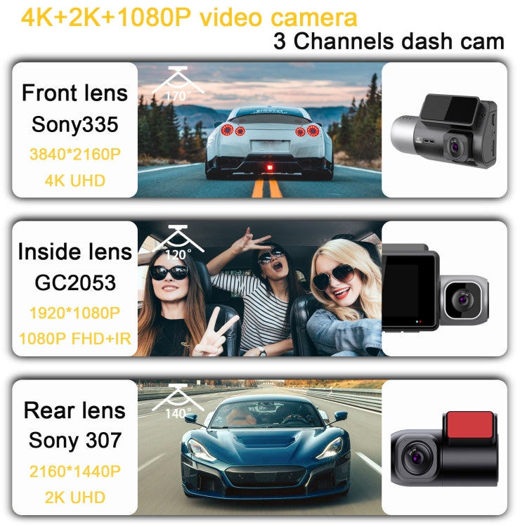 M700A 3 Channels Car Recorder 4K UHD Front+1080P Inside+2K Rear+GPS+WIFI Dash Cam - Black