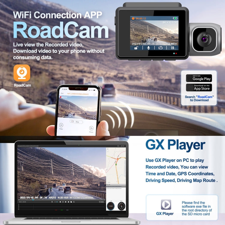 M700A 3 Channels Car Recorder 4K UHD Front+1080P Inside+2K Rear+GPS+WIFI Dash Cam - Black