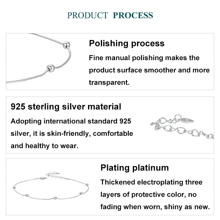 S925 Sterling Silver Plated Platinum Snake Bone Beads Thin Anklet - BST009