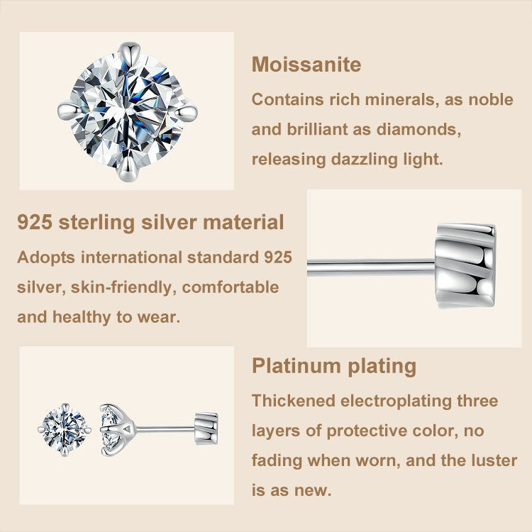 MSE062 S925 Sterling Silver Plated With Platinum Four-Claw Shining Moissanite Earrings, Size: M