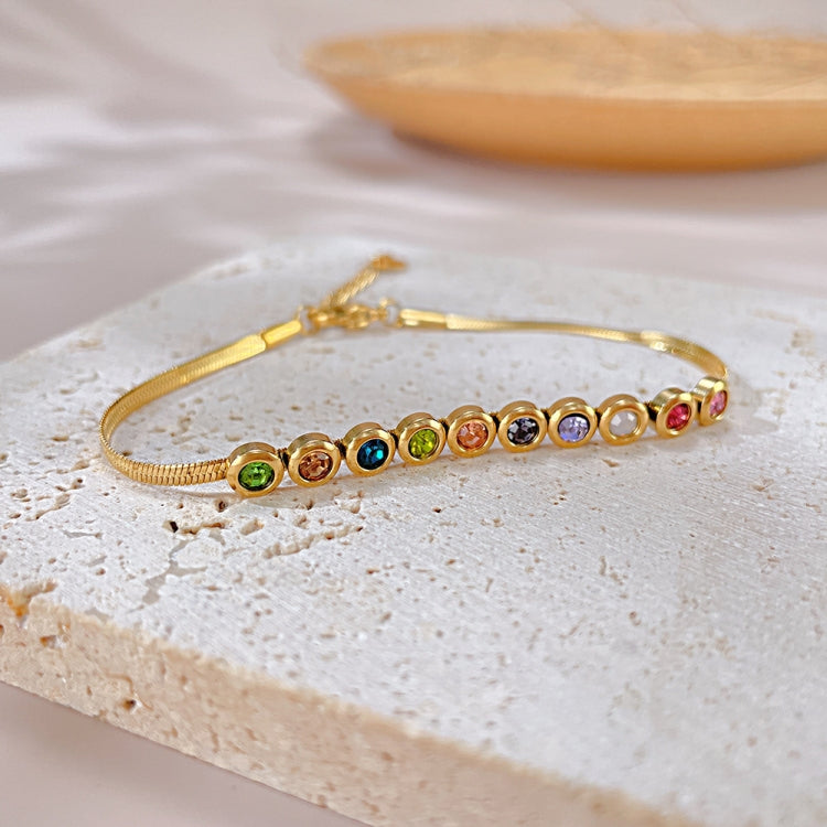 OPK GS1431 Titanium Steel Colorful Zirconia Hand Jewelry Stainless Steel Flat Chain Bracelet, Color: Gold