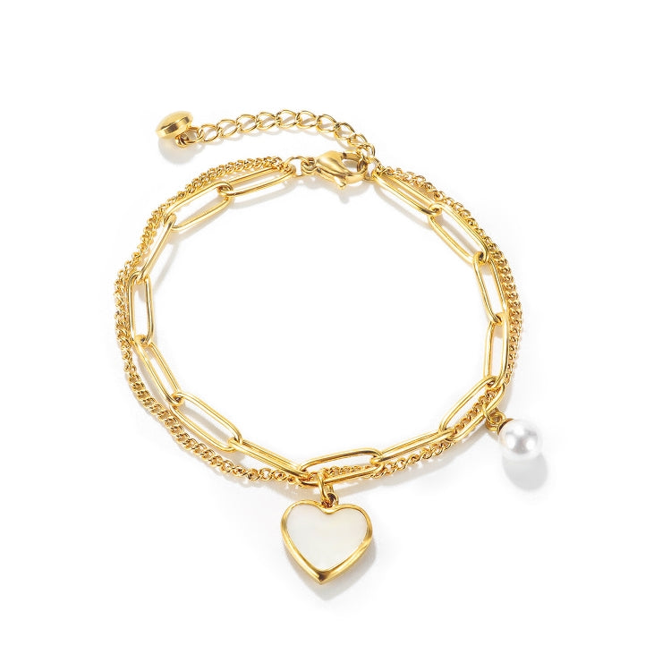 OPK 1106 Cold Style Personalized Double Layer Temperament Peach Heart Pearl Stainless Steel Bracelet, Color: Gold