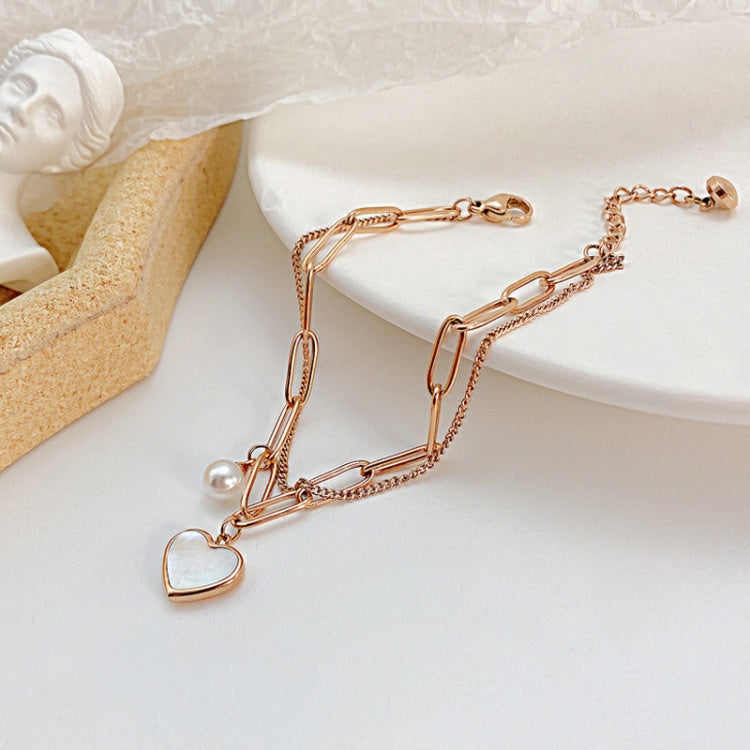 OPK 1106 Cold Style Personalized Double Layer Temperament Peach Heart Pearl Stainless Steel Bracelet, Color: Rose Gold