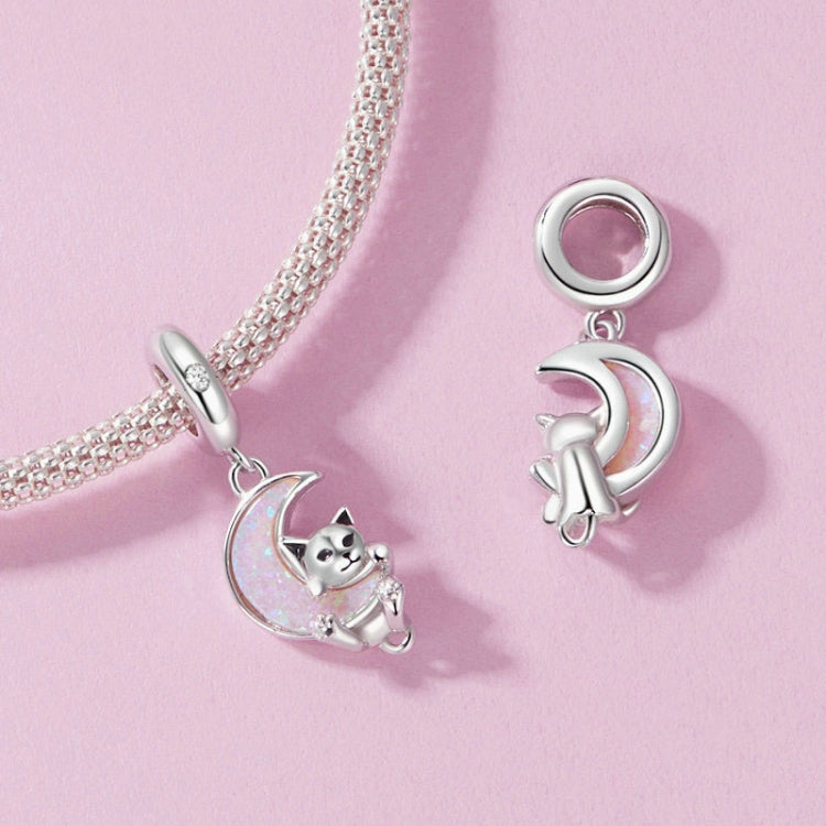 S925 Sterling Silver Plated Platinum Fantasy Moon Cute Cat Pendant - SCC2879