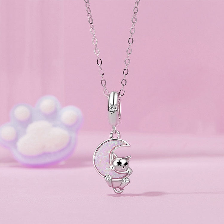 S925 Sterling Silver Plated Platinum Fantasy Moon Cute Cat Pendant - SCC2879
