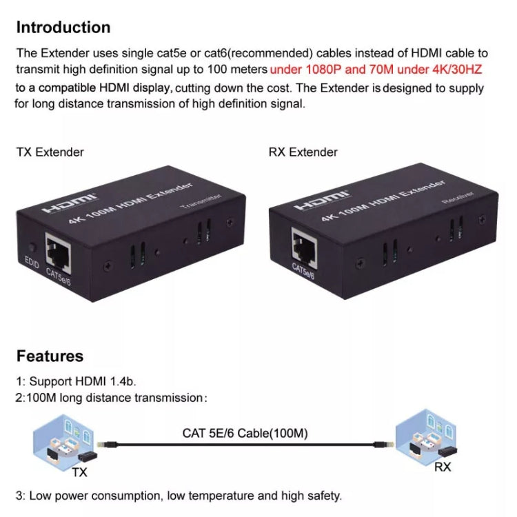 HDMI To RJ45 Single Ethernet Cable 100m Extender 4K HD Cable Signal Amplifier EU Plug