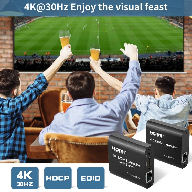 HDMI To RJ45 120m Single Network Cable 4K HD Network Extender, Receiver+Transmitter US Plug - Black