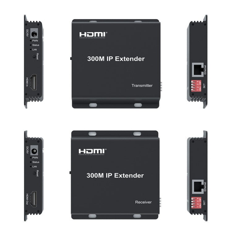 300m IP HDMI Extender HD Video Transmission, Transmitter + Receiver EU Plug - Black