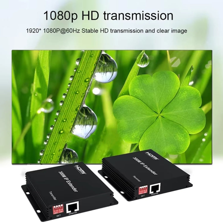 300m IP HDMI Extender HD Video Transmission, Transmitter + Receiver EU Plug - Black