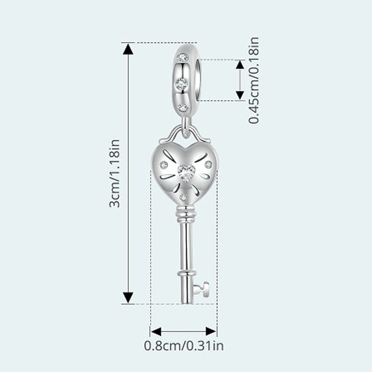 S925 Sterling Silver Platinum-plated Three-dimensional Heart Key-shaped Beaded Jewelry Pendants - SCC2885