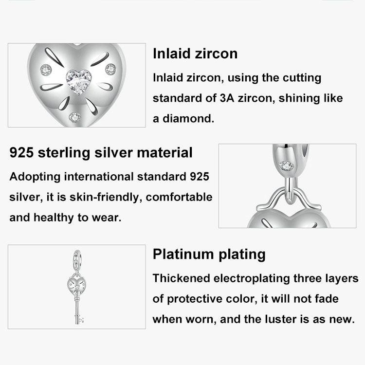 S925 Sterling Silver Platinum-plated Three-dimensional Heart Key-shaped Beaded Jewelry Pendants - SCC2885