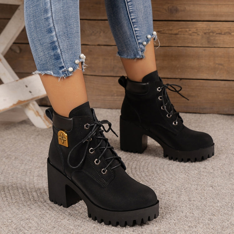 Spring Autumn Women Short Boots Chunky High Heel Leather Boots Lace-up Ladies Shoes, Size: 38