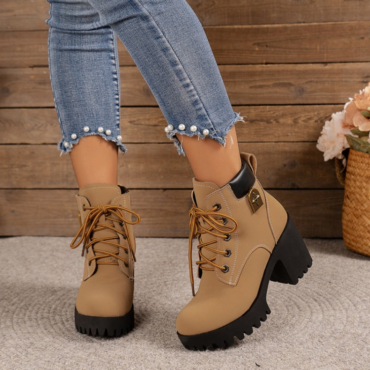 Spring Autumn Women Short Boots Chunky High Heel Leather Boots Lace-up Ladies Shoes, Size: 41
