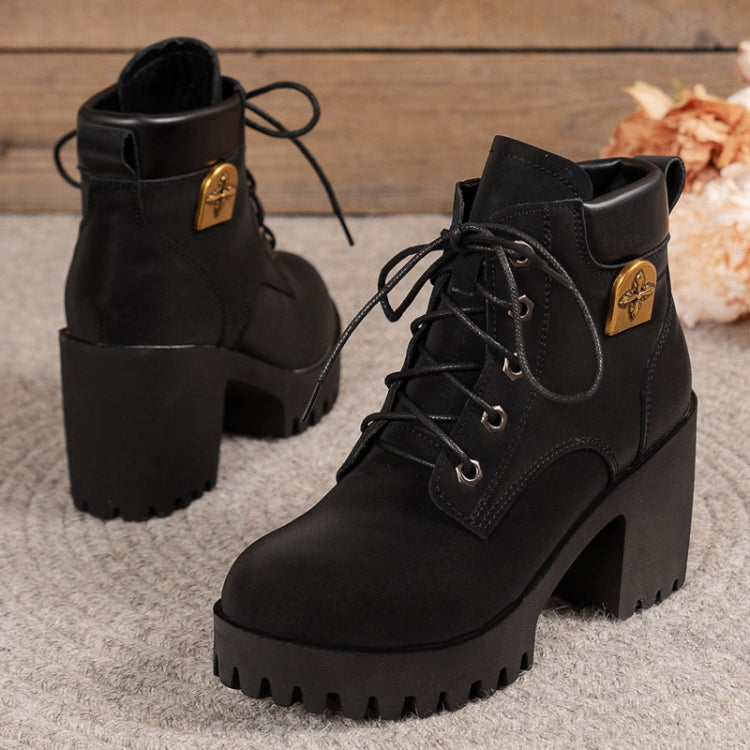 Spring Autumn Women Short Boots Chunky High Heel Leather Boots Lace-up Ladies Shoes, Size: 36