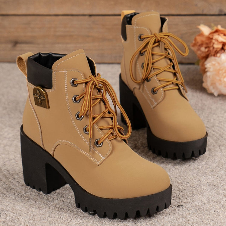 Spring Autumn Women Short Boots Chunky High Heel Leather Boots Lace-up Ladies Shoes, Size: 39