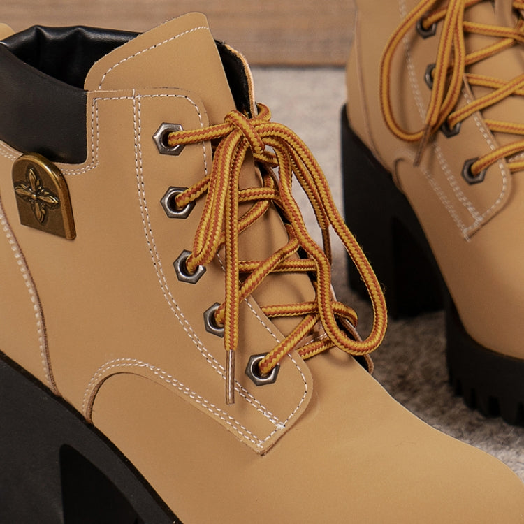 Spring Autumn Women Short Boots Chunky High Heel Leather Boots Lace-up Ladies Shoes, Size: 39