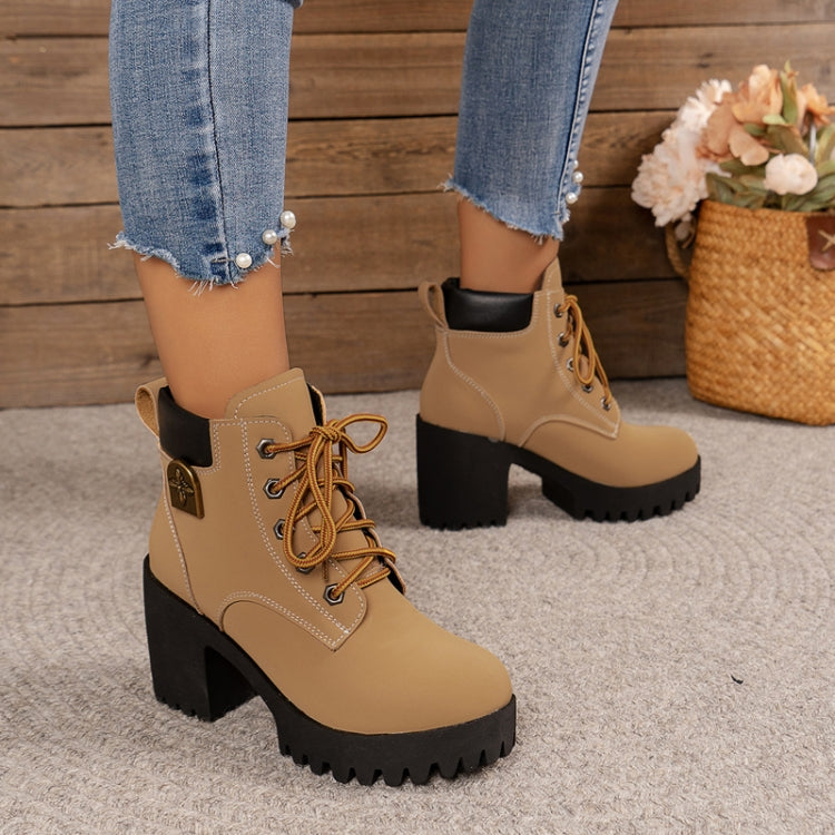 Spring Autumn Women Short Boots Chunky High Heel Leather Boots Lace-up Ladies Shoes, Size: 37