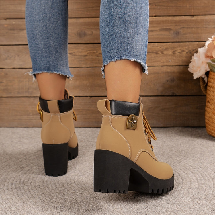 Spring Autumn Women Short Boots Chunky High Heel Leather Boots Lace-up Ladies Shoes, Size: 36