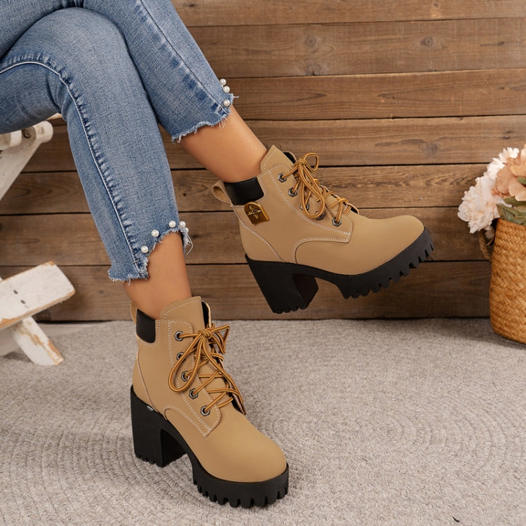 Spring Autumn Women Short Boots Chunky High Heel Leather Boots Lace-up Ladies Shoes, Size: 42