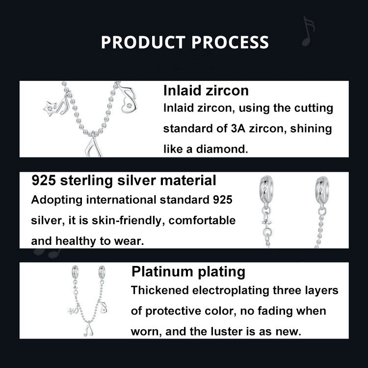 S925 Sterling Silver Platinum-plated Note Shape Safety Chain Jewelry Pendant Accessories - SCC2871