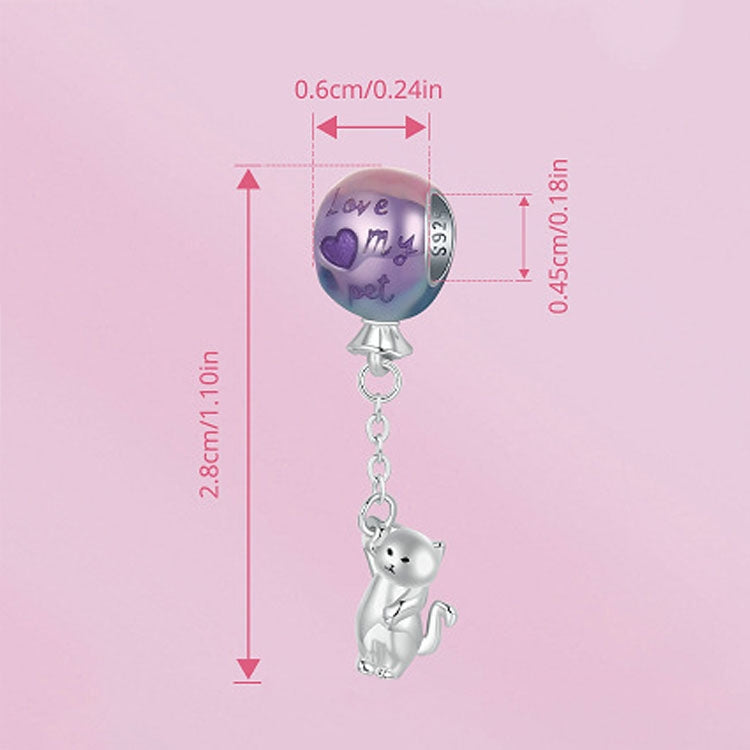 S925 Sterling Silver Cute Hot Air Balloon Cat Beads Jewelry Pendant - SCC2881
