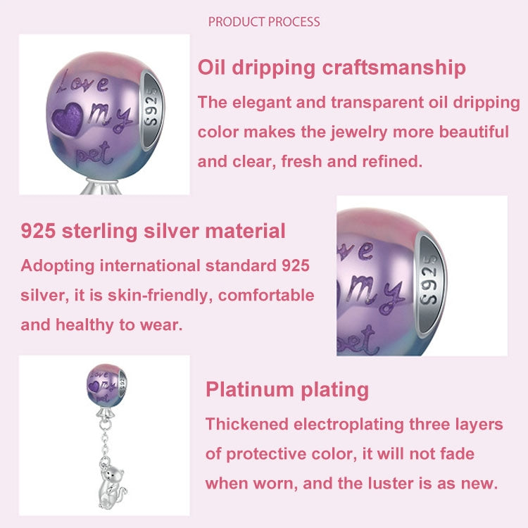 S925 Sterling Silver Cute Hot Air Balloon Cat Beads Jewelry Pendant - SCC2881
