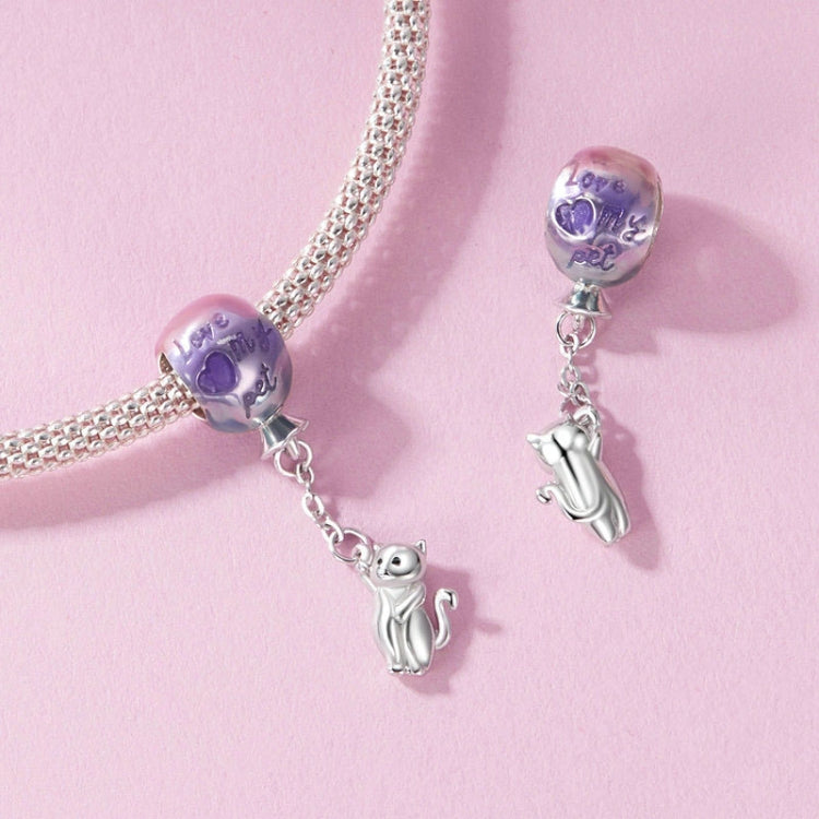 S925 Sterling Silver Cute Hot Air Balloon Cat Beads Jewelry Pendant - SCC2881