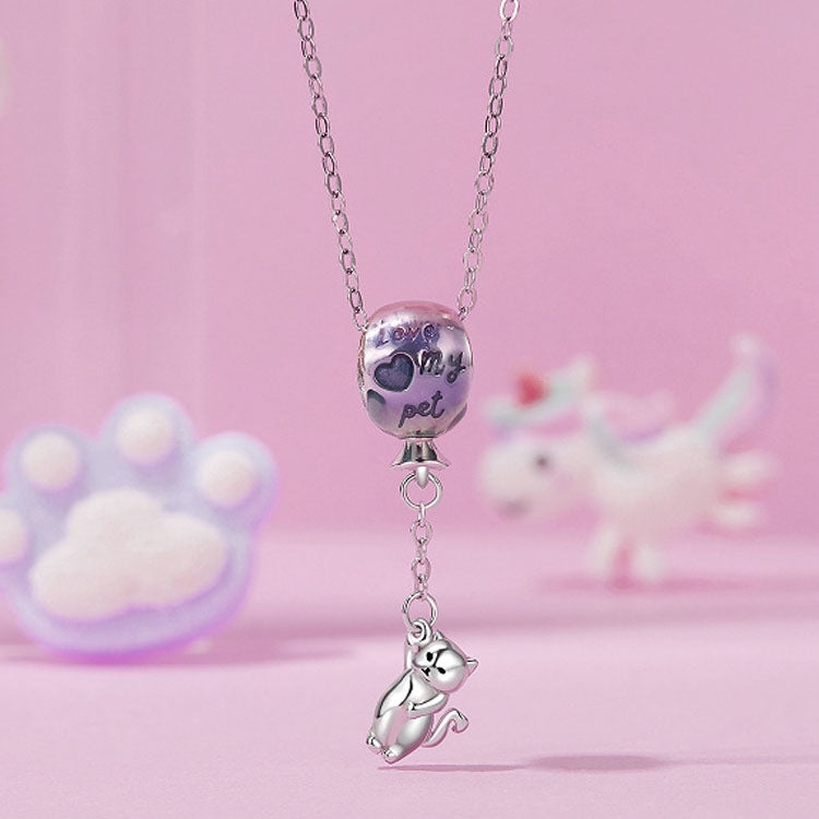 S925 Sterling Silver Cute Hot Air Balloon Cat Beads Jewelry Pendant - SCC2881