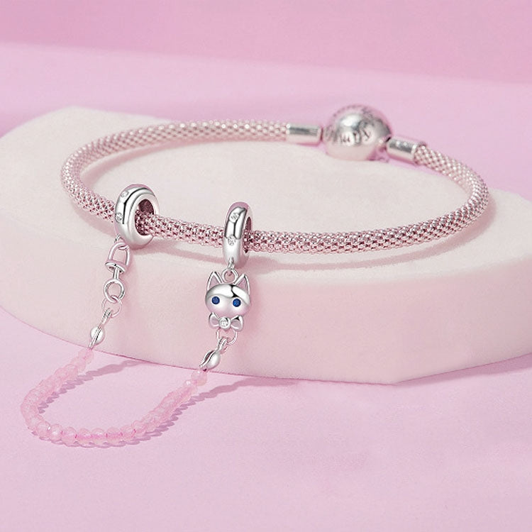 S925 Sterling Silver Platinum Plated Cute Cat Safety Chain Jewelry Pendants - SCC2882