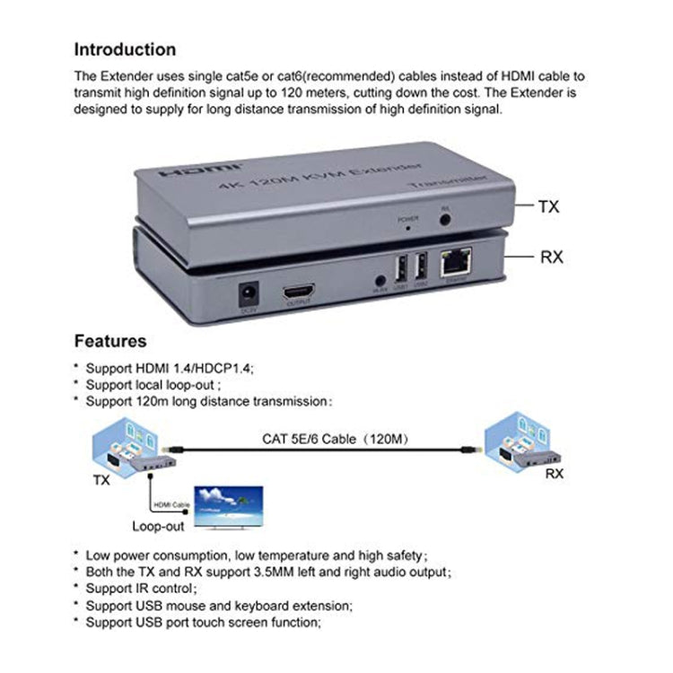 KVM 120m 4K HD Extender Computer Mouse Keyboard HDMI Single Ethernet Cable Transmitter + Receiver UK Plug - Gray