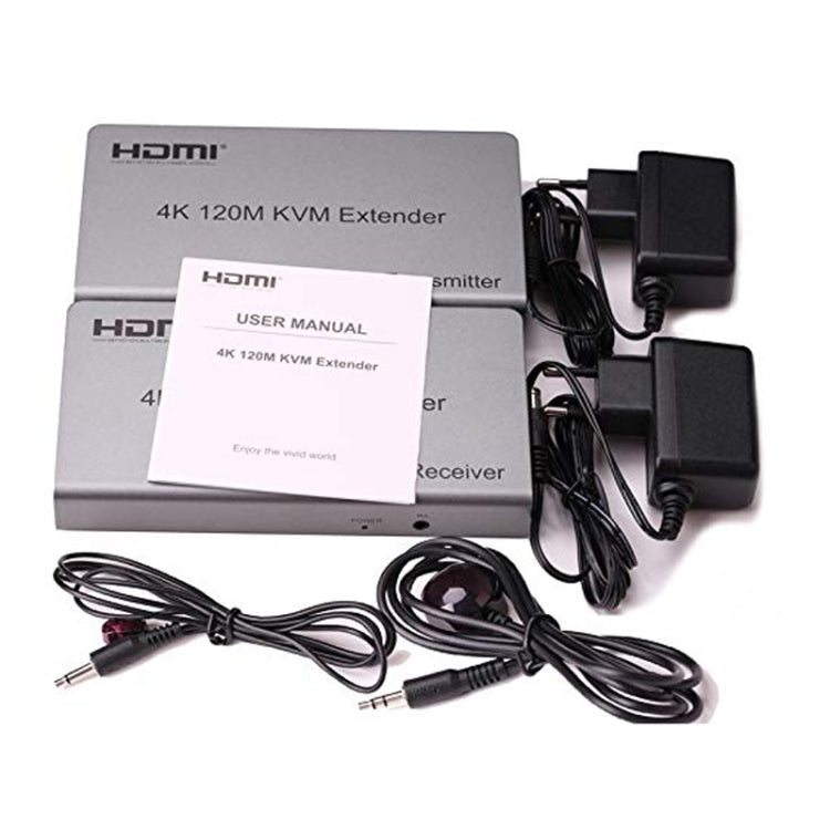 KVM 120m 4K HD Extender Computer Mouse Keyboard HDMI Single Ethernet Cable Transmitter + Receiver UK Plug - Gray
