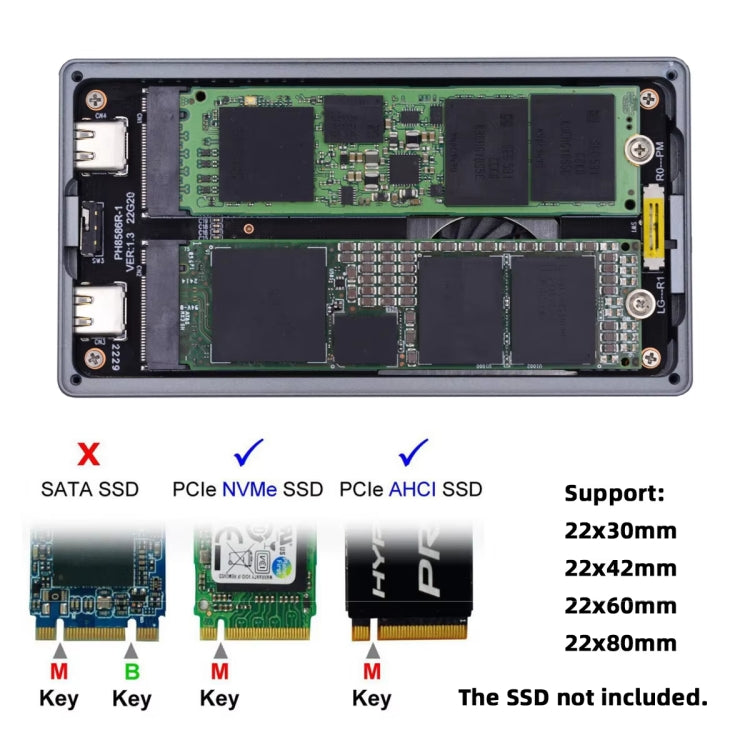 Dual M.2 NVME SSD RAID Array Mobile Hard Drive Enclosure Type-C USB3.2 GEN2x2 20G 586R - Dark Gray
