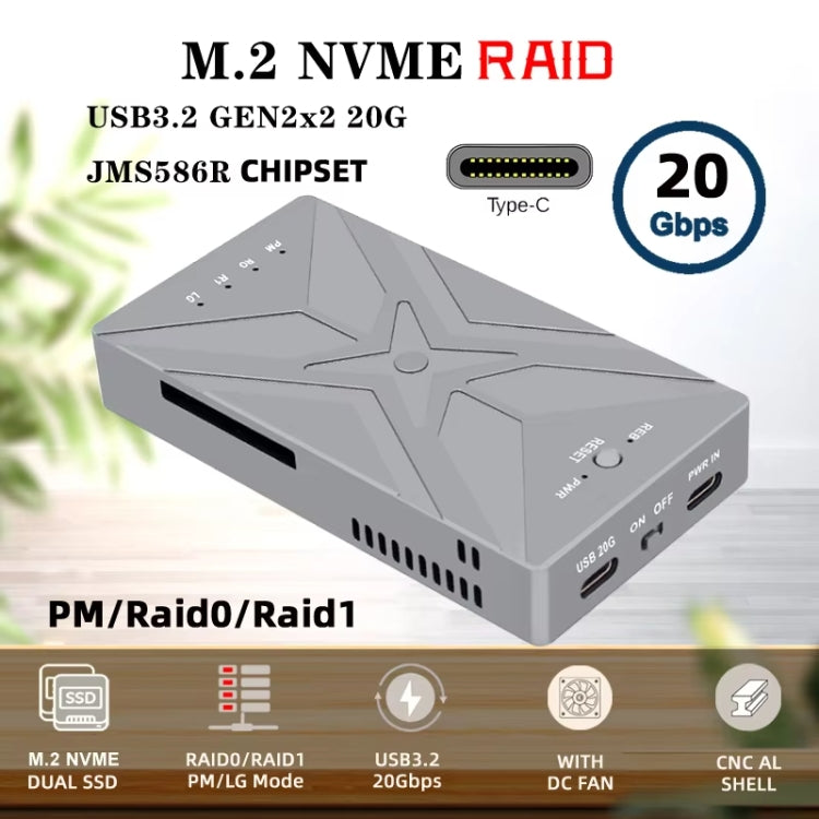 Dual M.2 NVME SSD RAID Array Mobile Hard Drive Enclosure Type-C USB3.2 GEN2x2 20G 586R - Dark Gray