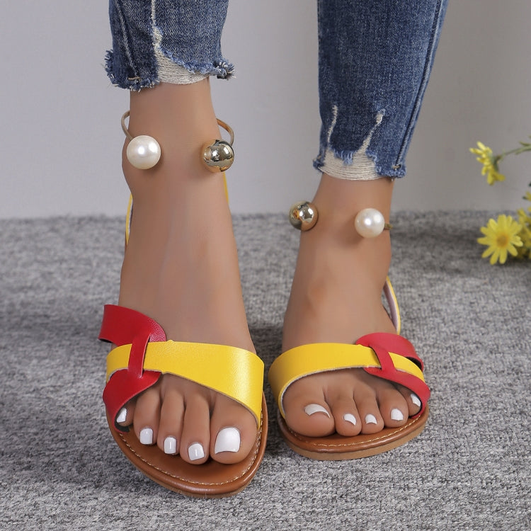 Flat Pearl Sandals Casual Women Sandals Summer Lightweight Metal Decor Women Shoes, Size: 37