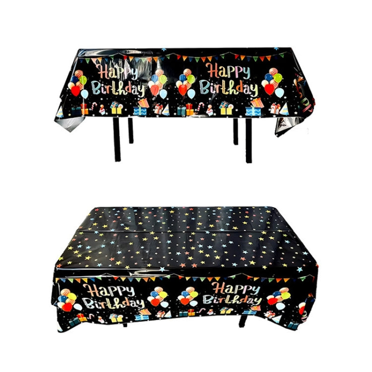 137x183cm Happy Birthday PET Aluminum Film Tablecloths Disposable Waterproof Party Decorative Table Cloth, Style: English Black Balloon