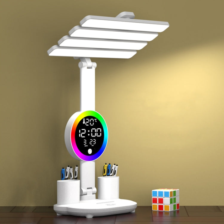 4 Heads Horizontal LED Eye-Care Table Lamp Children Study Desktop Reading Light With Pen Holder, Style: Clock Rechargeable 3200mAh