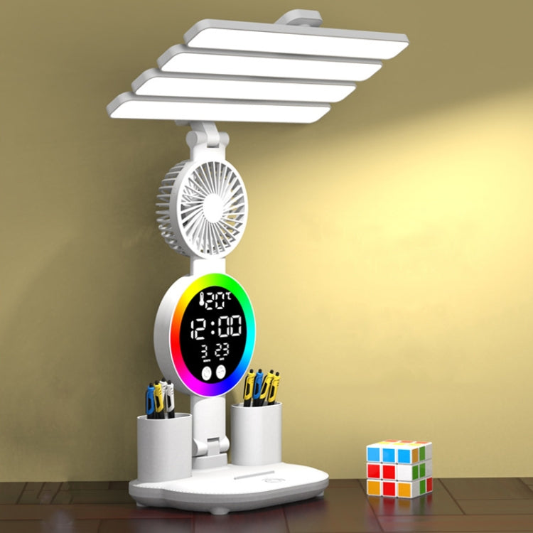 4 Heads Horizontal LED Eye-Care Table Lamp Children Study Desktop Reading Light With Pen Holder, Style: Fan Clock Rechargeable 2000mAh