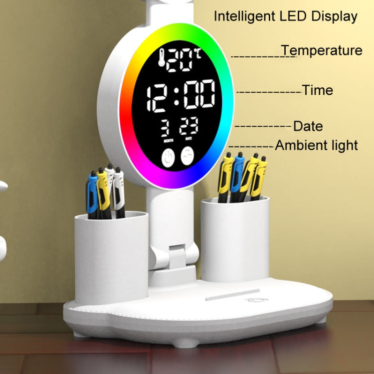 4 Heads Horizontal LED Eye-Care Table Lamp Children Study Desktop Reading Light With Pen Holder, Style: Clock Rechargeable 3200mAh