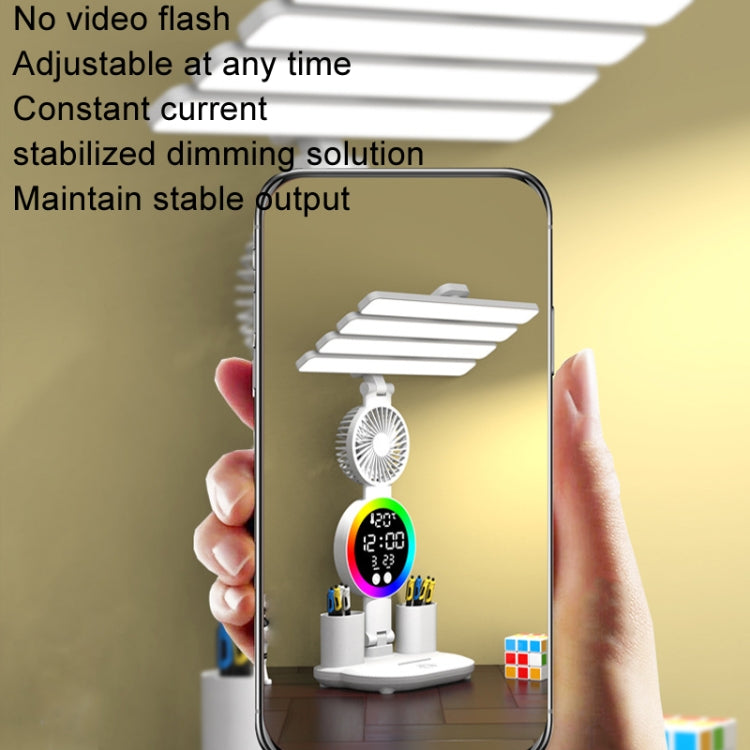 4 Heads Horizontal LED Eye-Care Table Lamp Children Study Desktop Reading Light With Pen Holder, Style: Fan Clock Plug Power
