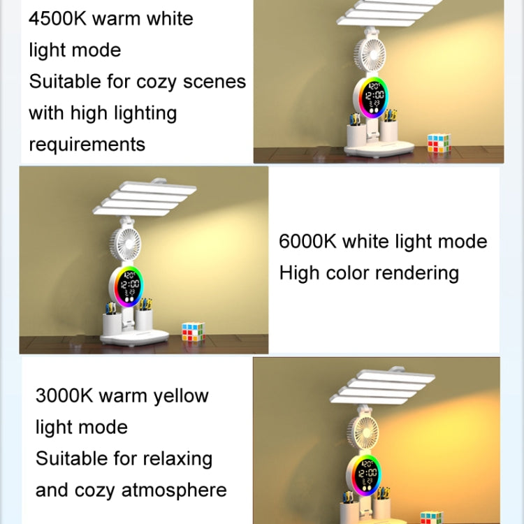 4 Heads Horizontal LED Eye-Care Table Lamp Children Study Desktop Reading Light With Pen Holder, Style: Fan Clock Rechargeable 2000mAh