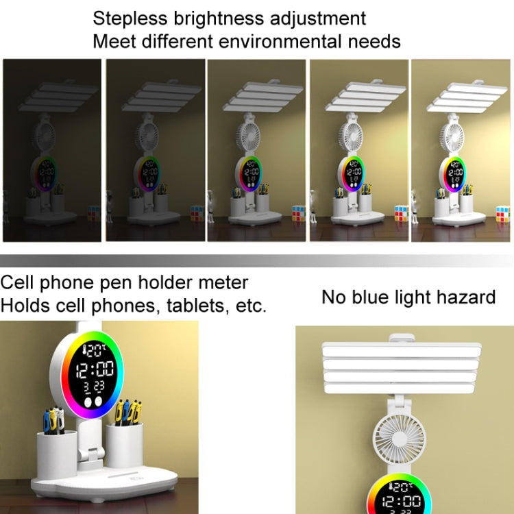 4 Heads Horizontal LED Eye-Care Table Lamp Children Study Desktop Reading Light With Pen Holder, Style: Fan Clock Plug Power