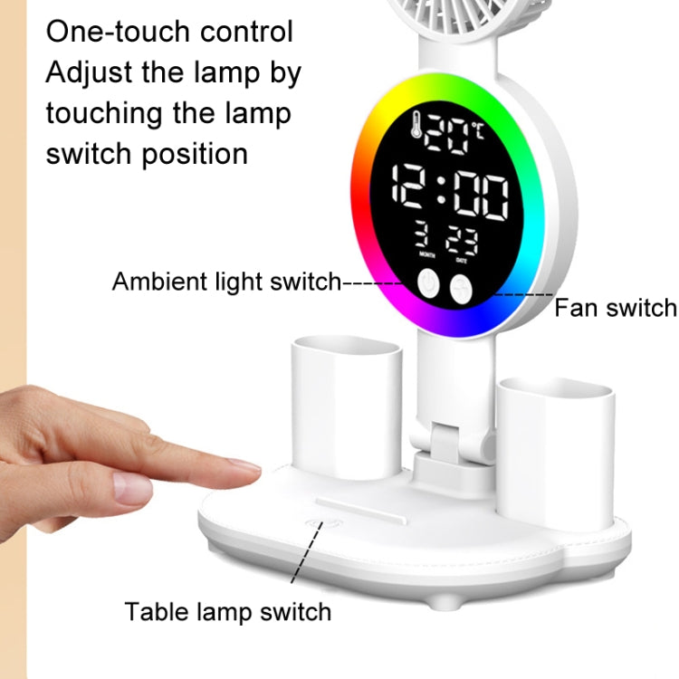 4 Heads Horizontal LED Eye-Care Table Lamp Children Study Desktop Reading Light With Pen Holder, Style: Fan Clock Plug Power