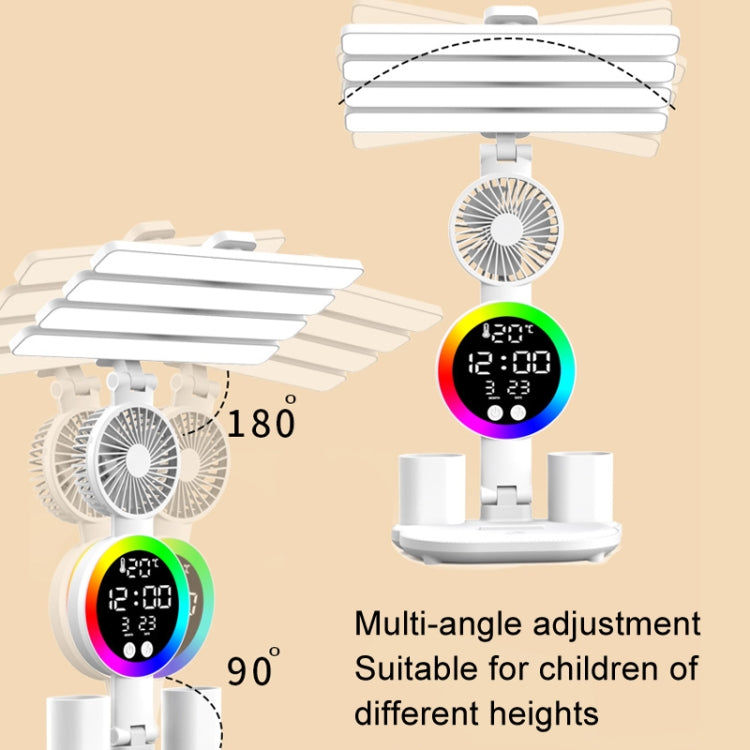 4 Heads Horizontal LED Eye-Care Table Lamp Children Study Desktop Reading Light With Pen Holder, Style: Fan Clock Rechargeable 3200mAh