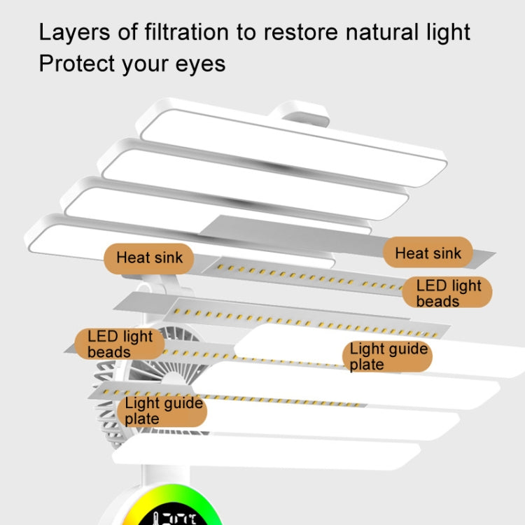 4 Heads Horizontal LED Eye-Care Table Lamp Children Study Desktop Reading Light With Pen Holder, Style: Fan Clock Plug Power