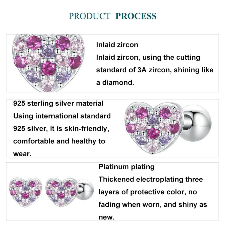 S925 Sterling Silver Plated With Platinum Color-Blocked Zircon Heart-Shaped Earrings - BSE1044