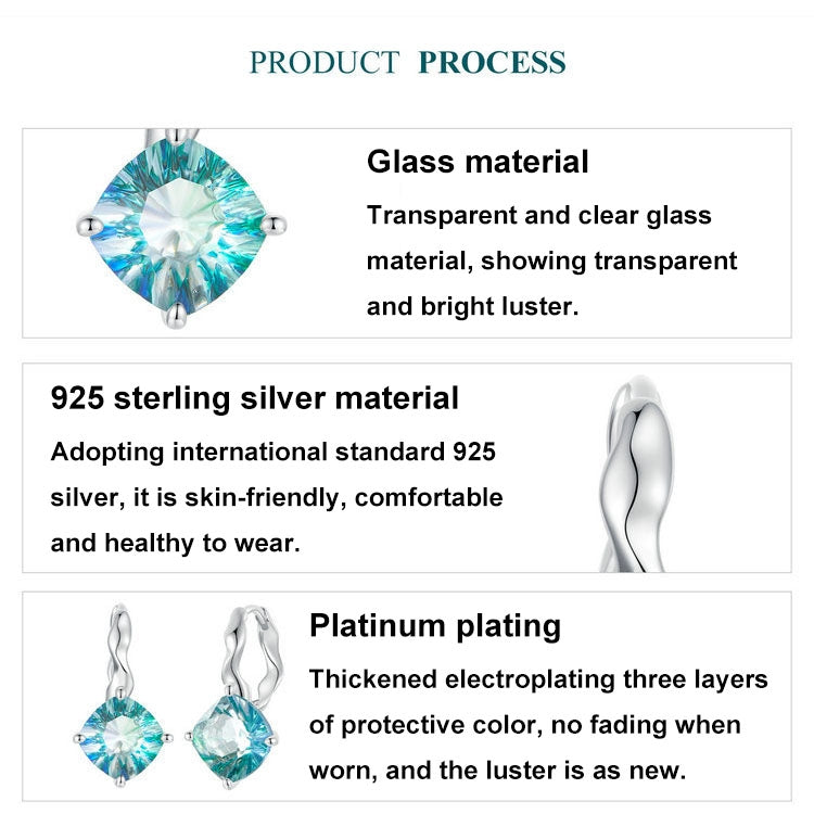 S925 Sterling Silver Platinum-plated Blue-green Glass Diamond Earrings - BSE1047