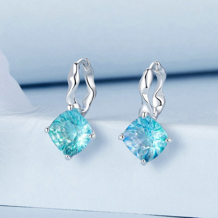 S925 Sterling Silver Platinum-plated Blue-green Glass Diamond Earrings - BSE1047