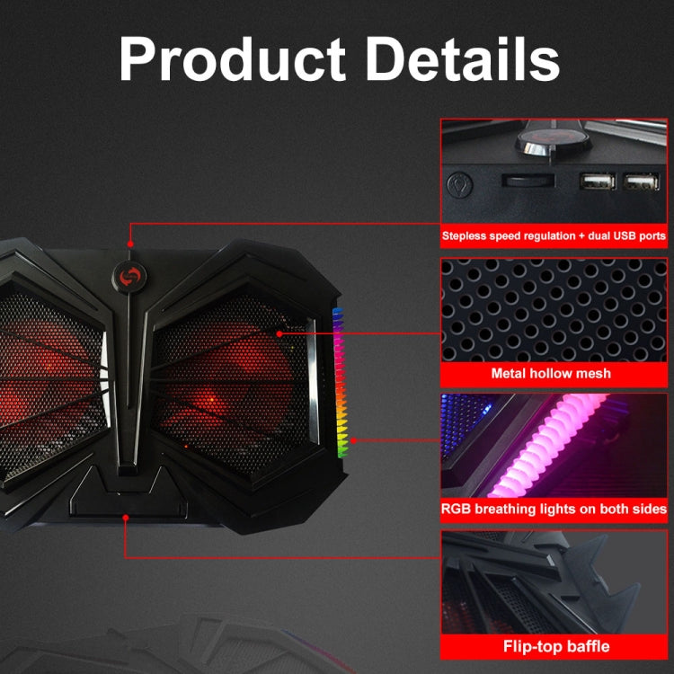 YL-017 2-Fans RGB Lighting Effect Silent Adjustable Speed Laptop Cooling Stand - Black